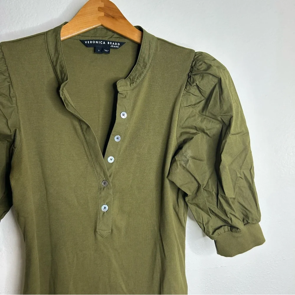 Veronica Beard Coralee High Volume Poplin Puff Sleeve Pima Cotton Green Top S